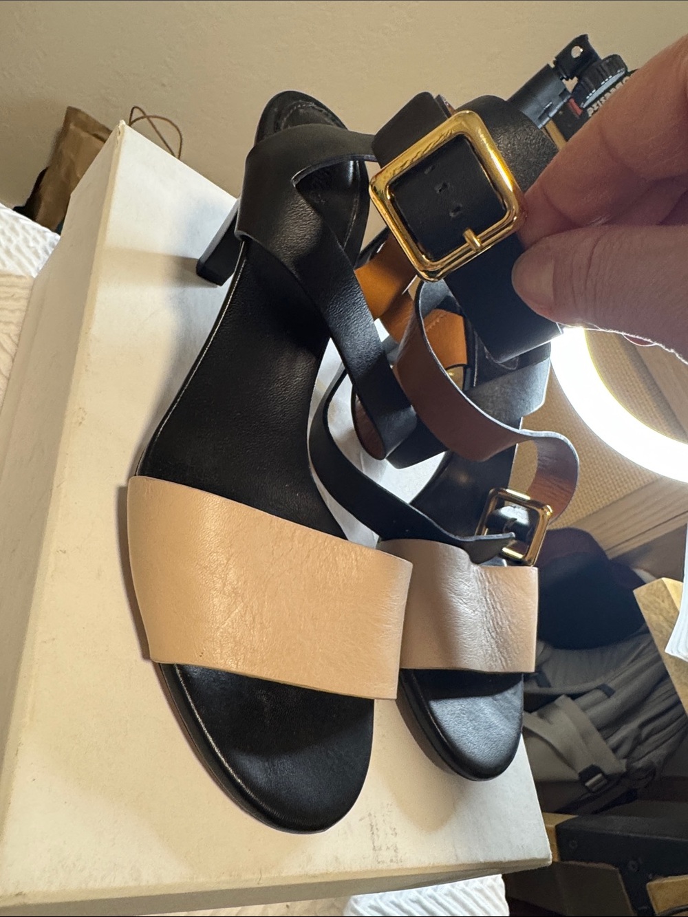 Chloe Black and Beige Leather Strappy Heeled Sandals with Gold Buckle